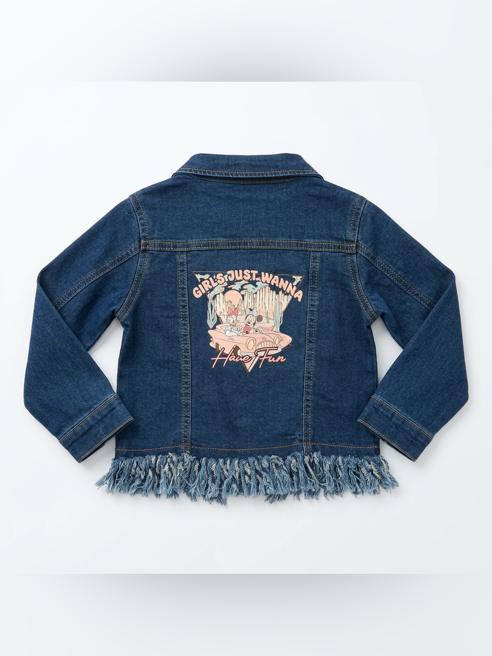 Girls' Dark Blue Denim Jacket with Fringe - Printed Back